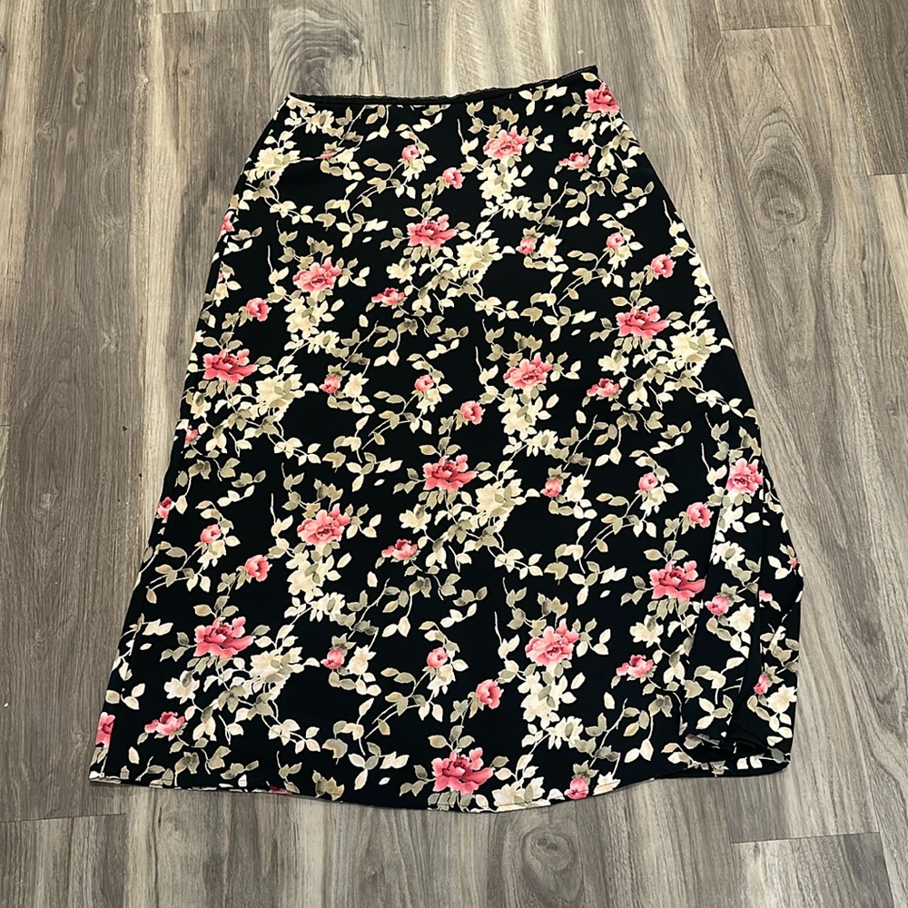 🌸 Vintage Villager Size 14 Black Floral Midi Maxi Skirt 90s Romantic